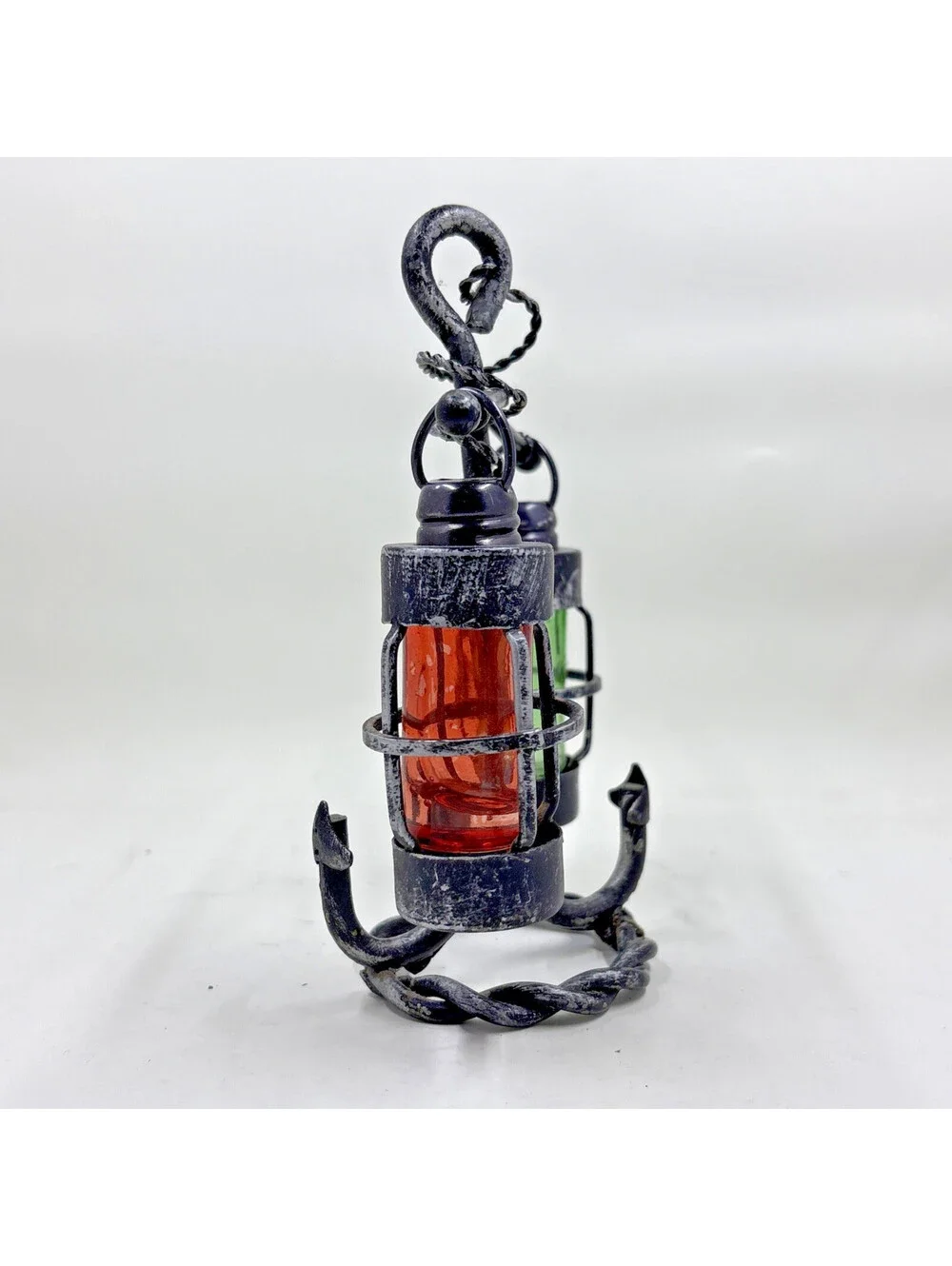 Vintage Iron and Glass Hanging Lanterns on Boat Anchor Salt Pepper Shaker Set